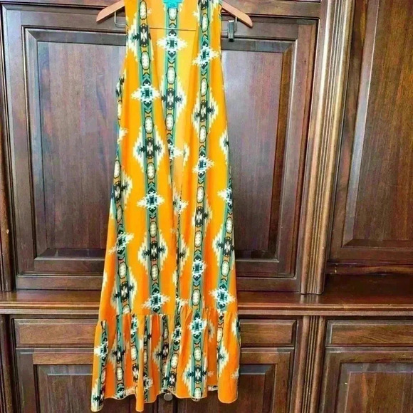 Turquoise Haven Sweaters - Turquoise Haven Long Rayon Kimono S/M Orange Teal Aztec / Western Wear Design